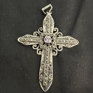 VINTAGE STYLED STERLING SILVER , AMETHYST AND MARQUISITE CROSS.